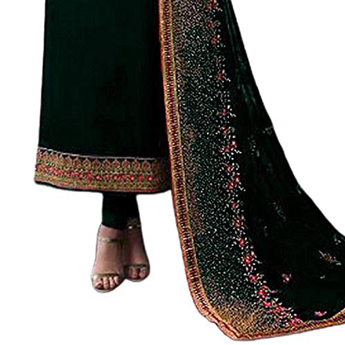 Image of Miss Ethnik Women's Green Georgette Semi Stitched Top With Unstitched Santoon Bottom and Faux Georgette Dupatta Embroidered Straight Kurta Dress Material (Salwar Suit Set) (ME-976-Green)