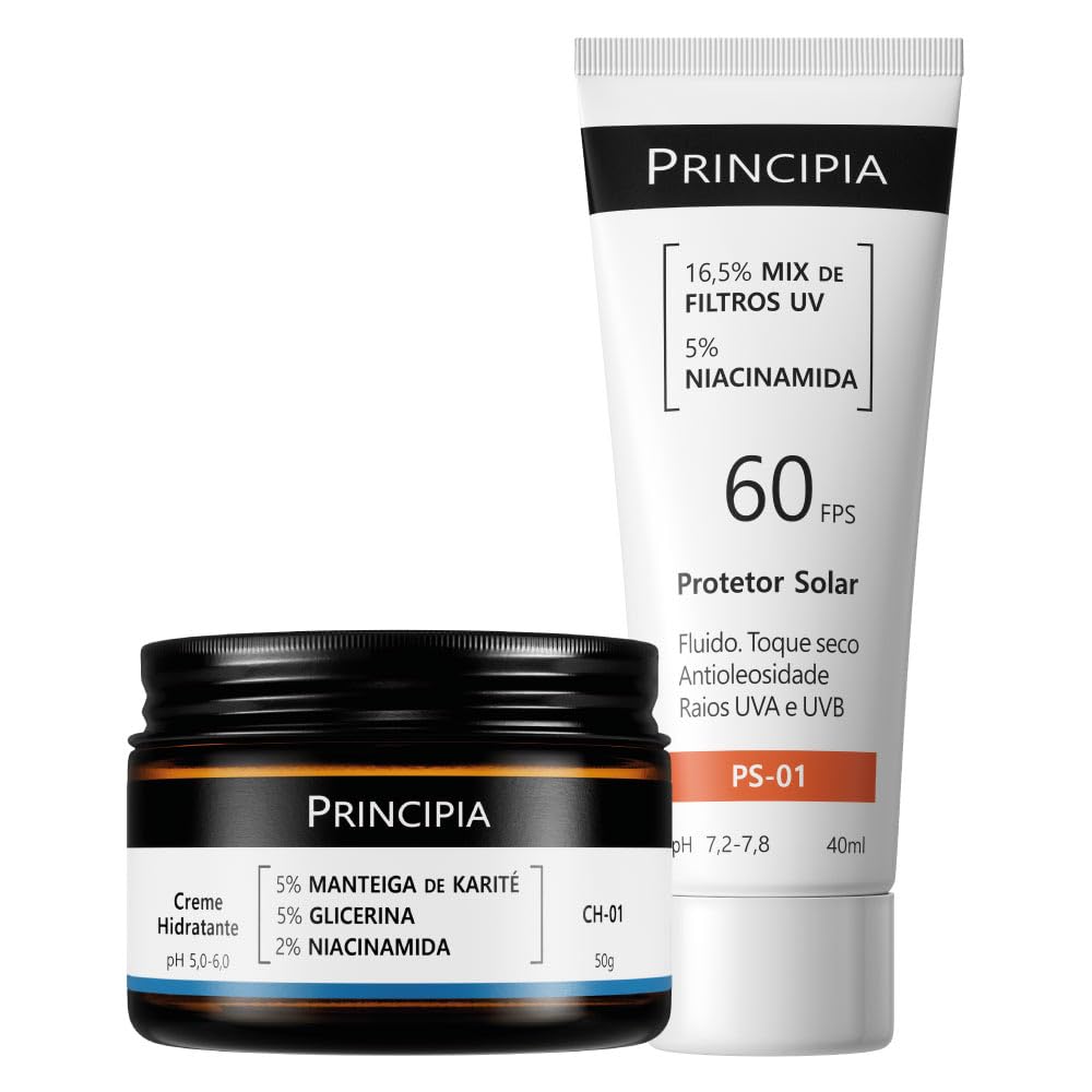 PRINCIPIA, Kit Hidratação e Proteção Solar, com duas fórmulas: um creme hidratante com glicerina + manteiga de karité + niacinamida e um protetor solar fluido antioleosidade com mix de filtros UV + niacinamida, FPS 60, toque seco e com eficácia contra rai