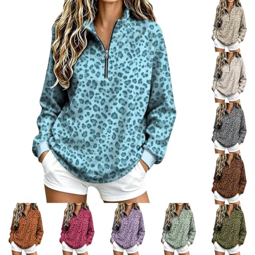 GAHIEDIM Oversized Mock Neck Sweatshirt Quarter Zip Pullover Women Cheetah Animal Print Loose Fit Clothes Sky Blue Large - image 1