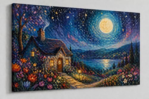 ICE ARMOR Large Cozy Night Cottage Canvas Wall Art, Starry