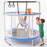 60” Toddler Trampoline with Swing & Gymnastics Bar, Indoor Outdoor Kids Trampoline with Safety Enclosure Net, Gifts for Boys & Girls Age 2-14