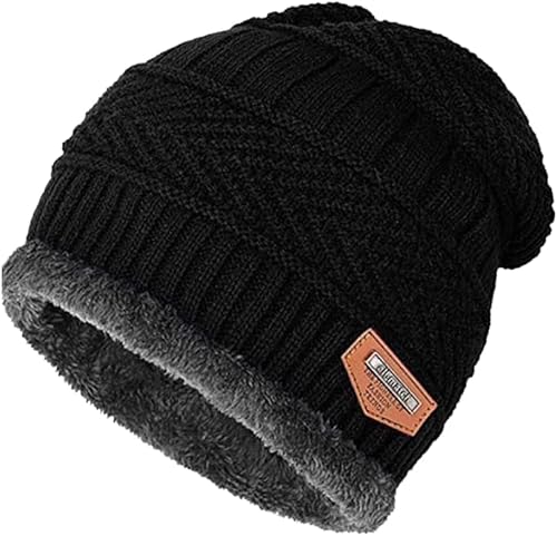 Conjunto de 2 peças de gorro touca masculino de inverno, gorro quente com gorro e cachecol (PRETA)