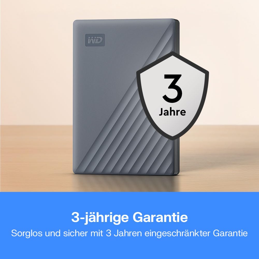 WD My Passport-Festplatte, funktioniert mit USB-C 2 TB (Mobile Festplatte, Passwortschutz, Backup-Software, USB 3.2 Gen 1, 3 Jahre Garantie) Siliziumgrau
