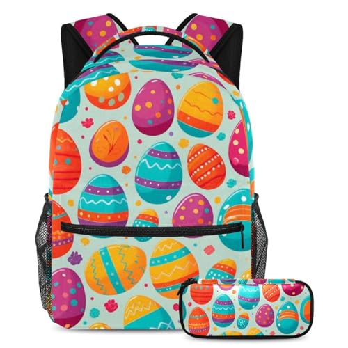Sac à dos école avec trousse assortie pour fille et garçon, motif œufs colorés