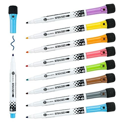 Welsberg 8 Colores Rotulador para Pizarra Blanca, Whiteboard Marker con Imanes de Esponja y Punta Redonda de 1-2 mm, Bolígrafo de Borrado en seco 2 en 1 para Pizarra Magnética