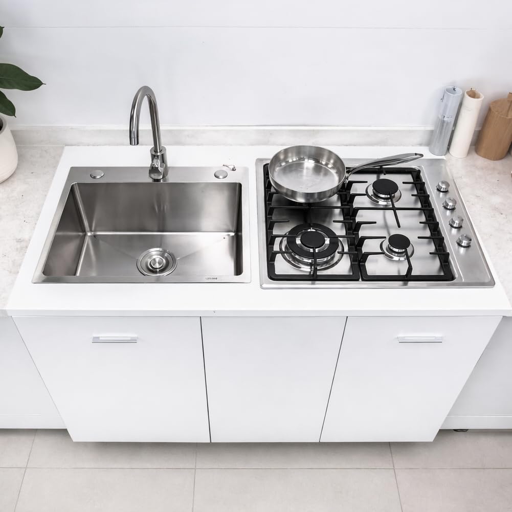 Shally Dogan Sottolavello Cucina 120 x 60 x 85 cm completo di Piano Cottura 4 Fuochi e Lavello in Acciaio Zincato 50 x 40 cm a sinistra, Rubinetteria Completa con Fontana e Accessori Inclusa (Bianco)