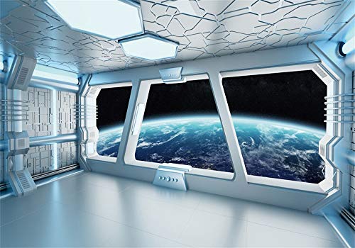 AOFOTO 10x7ft Spaceship Interior Backdrop Space Station Spacecraft Cabin Window View On Earth Background Futuristic Science Fiction Universe Outer Space Exploration Room Decors Photo Shoot Props