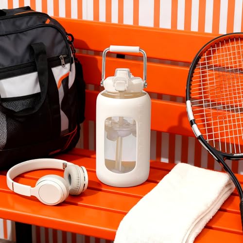 Image of WINSA 84 oz Glass Water Bottles with Straw, 2.5 Liter Gallon Drinking Bottle with Handle, Large Glass Water Jug with Silicone Sleeve for Gym Sports,Wide Mouth,White | Gallon Drinking Bottle with Handle, Large Glass Water Jug, Silicone Sleeve for Gym Sports, Wide Mouth
