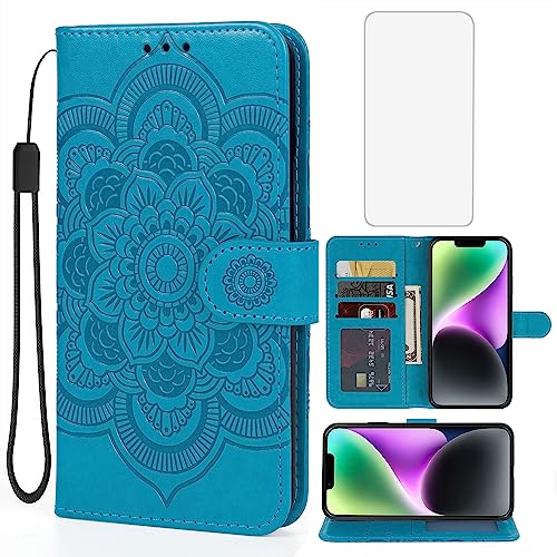 Étui iPhone 14 Plus bleu porte-carte magnétique et protection écran