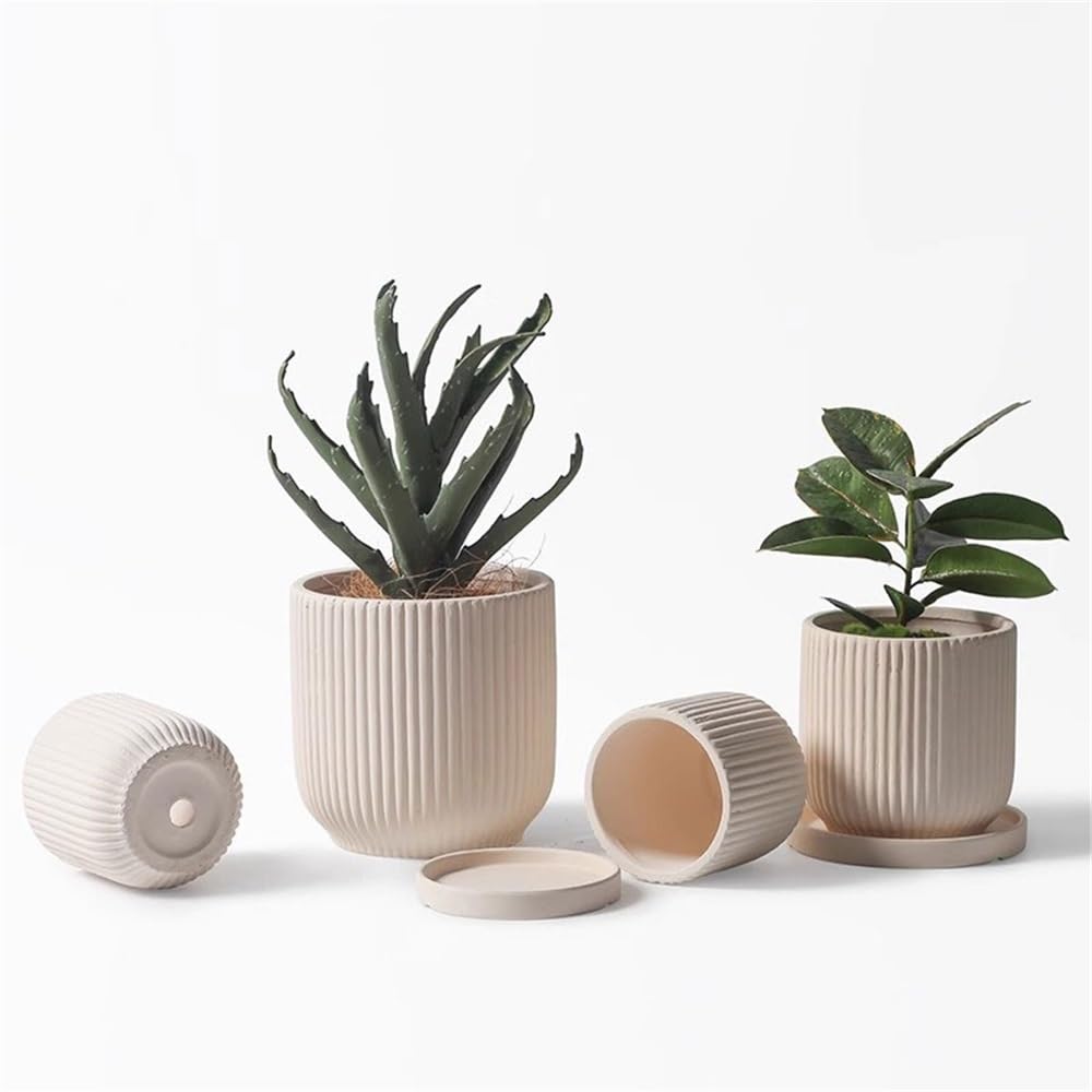 Pot De Fleur Exterieur Pot de fleur rond beige avec stries, pot de plante de table en céramique, récipient décoratif de fleur botanique for chambre à coucher, bureau, jardin, patio Pots De Pépinière(P