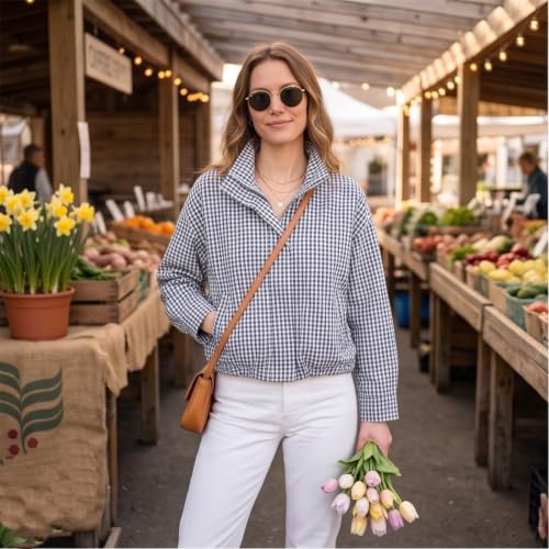 Plaid Bomber Jacket Women Oversized Cropped Funnel Neck Gingham Jacket - image 2