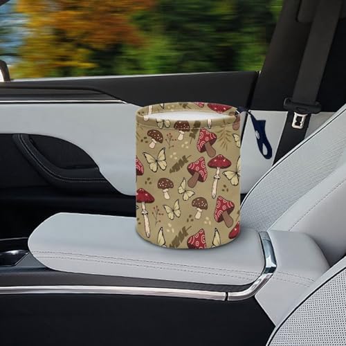 Image of Brown Mushroom Butterfly Car Trash Can Collapsible Back Seat, Front Console, Floor, or Hanging Headrest Waste Basket for Car SUV Trucks