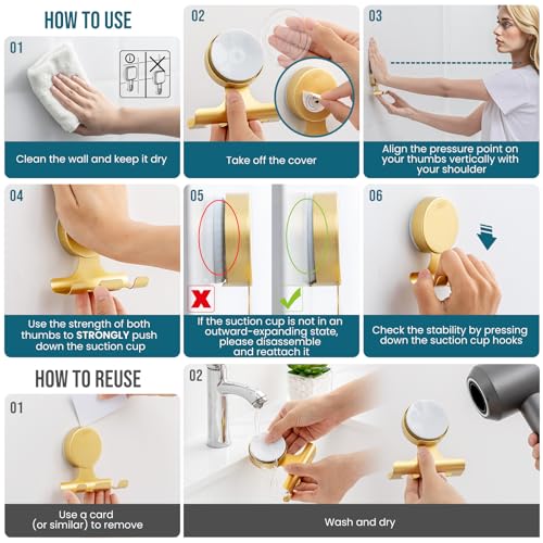 Image of TAILI Razor Holder for Shower with Suction Cup Metal Vacuum Shower Hooks Reusable Bathroom Suction Hooks Razor Holder for Shaver Towels Robes Multipurpose Hanging 2 Packs, Round, Gold