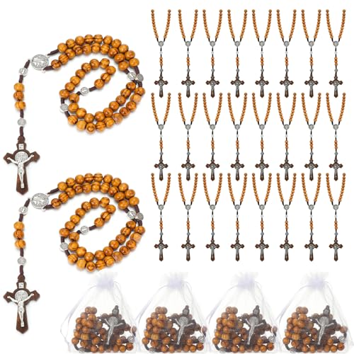24 Set Wooden Bead Rosary Necklace Catholic Rosary Wood Carved Beads with Jesus Cross Our Father Solid with Organza Bag Pouch Baptism Favors Catholic Gift