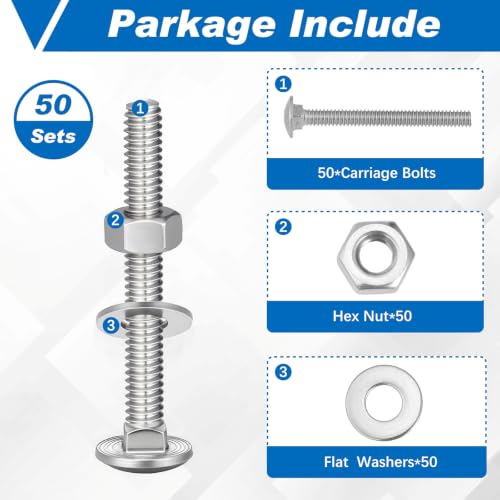 Image of Zonon Stainless Steel Carriage Bolts and Nuts Kit Round Head Square Neck Carriage Bolts Screws and Hex Nuts and Flat Washers, Stainless 18-8 Full Thread Coverage(1 /4-20 x 2,Silver,50 Sets)
