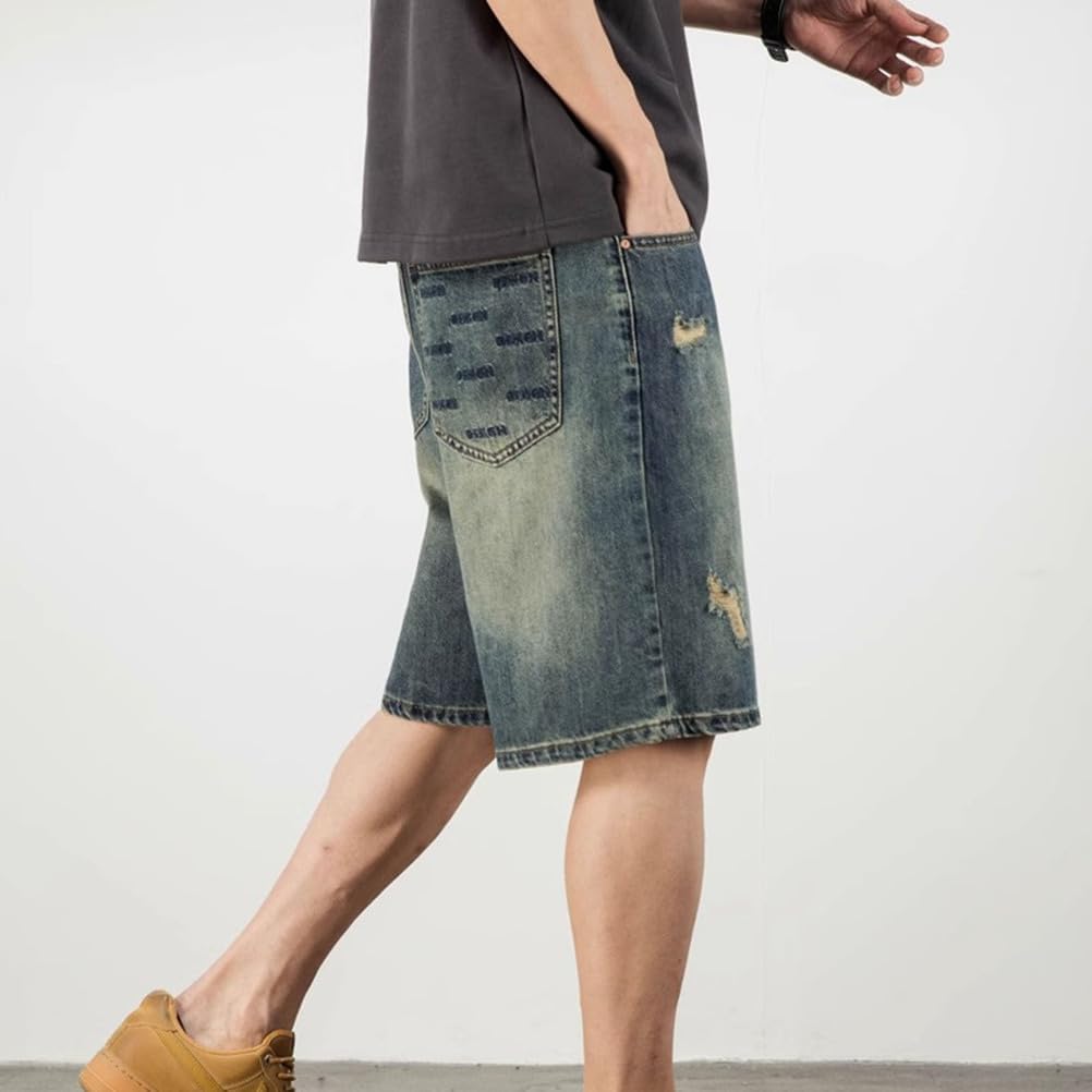 Baggy Jean Shorts Men Ripped Straight Leg Loose Fit Summer Vintage Wash Denim Shorts