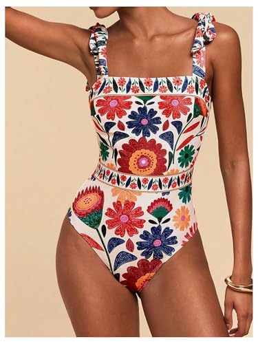 Floerns Women's One Piece Swimsuit Floral Bow Tie Shoulder Tummy Control Bathing Suit4