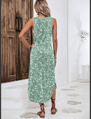 Image of Zeagoo Women Floral Summer Casual Beach Printed Tank Dress with Pockets Pleated Front Long Dress