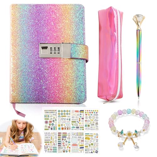 HTTYHT Diario con candado para niñas 7 8 9 10 11 12 13 años, Diario Secreto Niña con codigo para niña adolescentes de 7 a 14 años, Cuaderno Niñas Estuche Pegatinas Bolígrafo Pulsera
