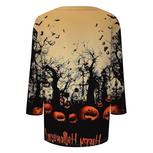 Image of Women Spooky Halloween Graphic Shirt 3 /4 Length Sleeve Crewneck Top | Halloween Funny Printed Pumpkin Plus Size Tshirts 2026 Fall Outfits Skeleton Tee Going Out Tops