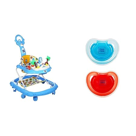 Mee Mee Simple Step Baby Walker with Push Handle, Foot Mat & Stopper (Blue), r Blue (MM-W 3012 B_Blue) & Mee Mee Soft Nipple Baby Pacifier (Red/Blue), (MM-3750 B)