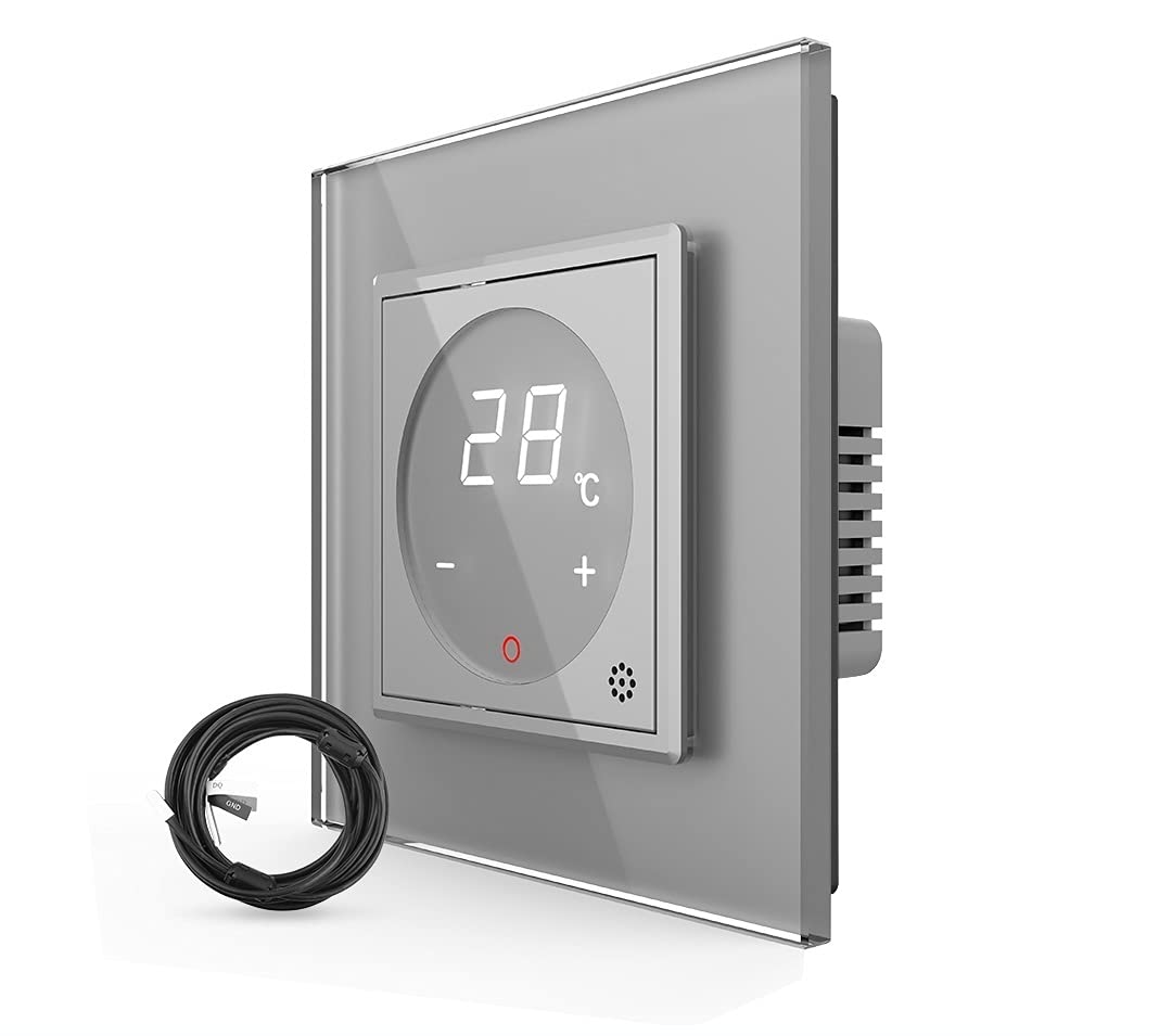 LIVOLO Digitales Touch Raumthermostat mit Bodenfühler/Temperaturfühler für Fußboden/Elektroheizung mit Stellmotoren Grau inkl Glasrahmen