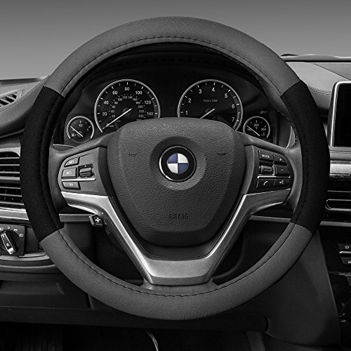 Image of FH Group Universal Fit Modernistic and Seat Belt Pads Combo Set Steering Wheel Cover Fits Most Cars, SUVs Gray