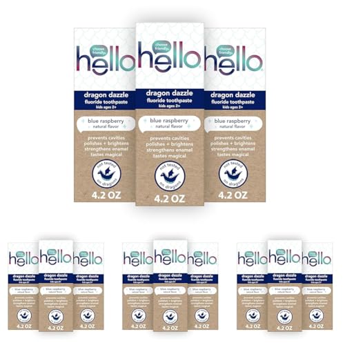 Image of Hello Dragon Dazzle Blue Raspberry Kids Toothpaste, Fluoride Toothpaste, Ages 2+, No Artificial Sweeteners, No SLS, Gluten Free, Vegan, Pack of 12, 4.2 OZ Tubes