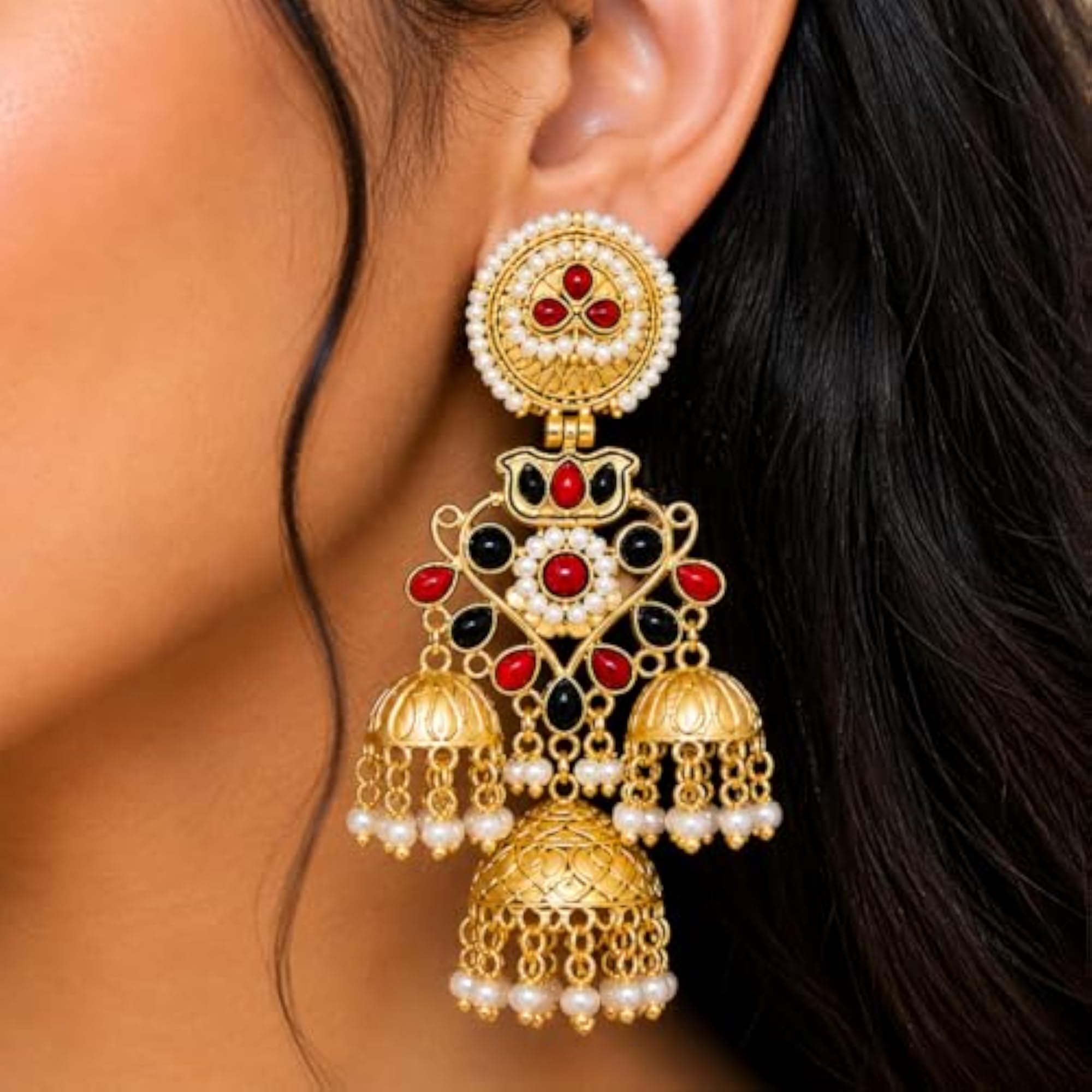 Traditional Gold-Toned Jhumka Earrings with Red & Black Stones