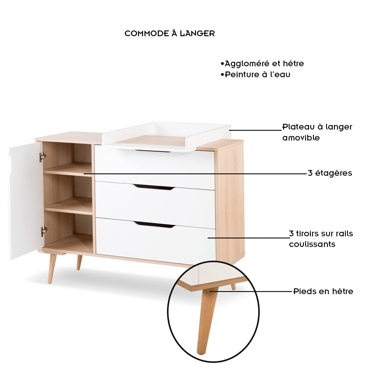 Mon Mobilier Design Sofie Ensemble Commode à Langer et lit bébé Style scandinave 120X60 Blanc