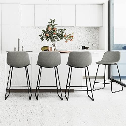Alexander Indoor/Outdoor Industrial Faux Leather Counter Height Bar Stools Set of 4,Urban Armless Bar stool with Metal Legs, Modern Bar stools for High Table Home Office Kitchen Island Chair 24In,Grey
