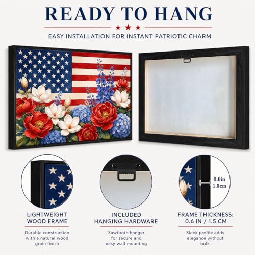 Image of American Flag Framed Canvas Wall Art, 4th of July Floral Canvas Prints, Wildflower Landscape Patriotic Decorations, Vintage Rustic Independence Day Wall Decor for Bedroom Living Room Office 12x16