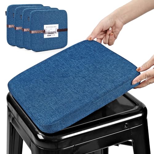 Image of BUYUE Friendly Woven Fabric Magnetic Bar Stool Cushions Set of 4, Enhanced Anti-Slip Breathable Small Chair Seat Pads for Cafe Bistro Stackable Metal Stools (Square, Dark Blue, 4 Counts)