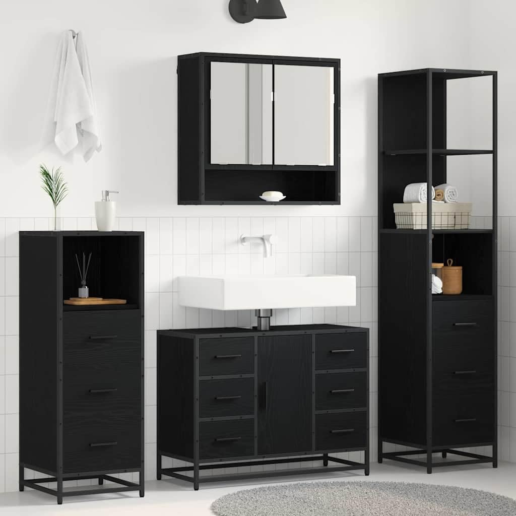 Set di mobili da bagno nero effetto rovere in legno, lavabo con mobiletto sottolavabo, armadietto a specchio, armadietto alto, pensile per ordine e spazio in bagno