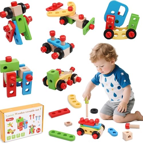 Image of Wooden Tool Kit Set (39 Pcs) | Portable Pretend Play Construction Tools Kit for Kids | STEM Learning Mechanic Toy | Montessori Educational Gift for Boys & Girls Age 3-6