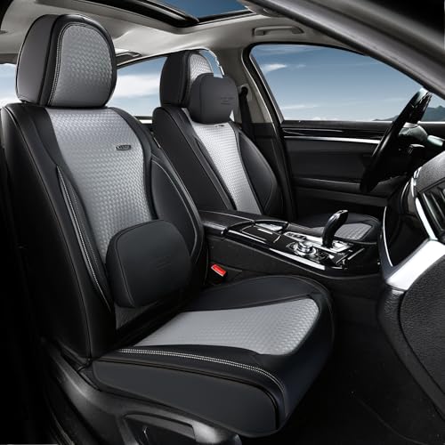Image of Coverado Seat Covers, Car Seat Covers Front Seats, Waterproof Nappa Leather Auto Seat Cover with Lumbar Head Pillow, Black Gray Seat Covers Carseat Cover Universal Fit for Most Cars