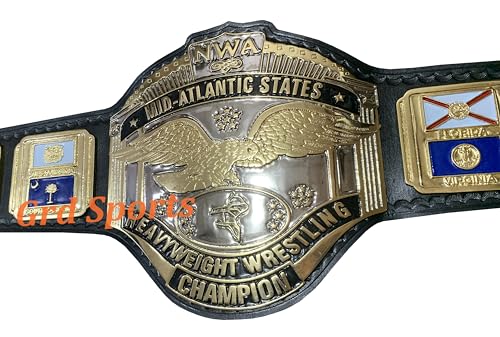 Grd Sports Mid Atlantic States Heavyweight Wrestling Championship Belt, 4mm Zinc Plated, Adult Size, Cowhide Leather Strap