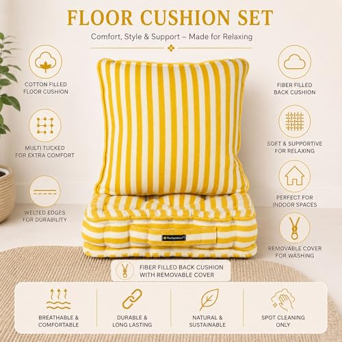 Image of Woven Quilted Floor Cushion Set 60x60x10 CM Yellow Stripe with Fillers & Back Cushion, Large Size for Seating, Patio Seat, Meditation, Yoga, Pooja, Guests, Living 24x24x4 Inch
