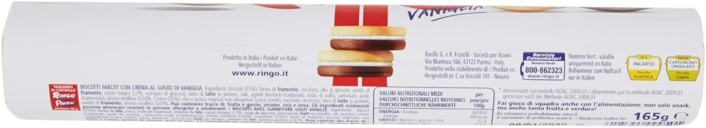 24 galletas Pavesi Ringo con vainilla, 165 g, galletas italianas con bocadillos y polpa italiano, 400 g