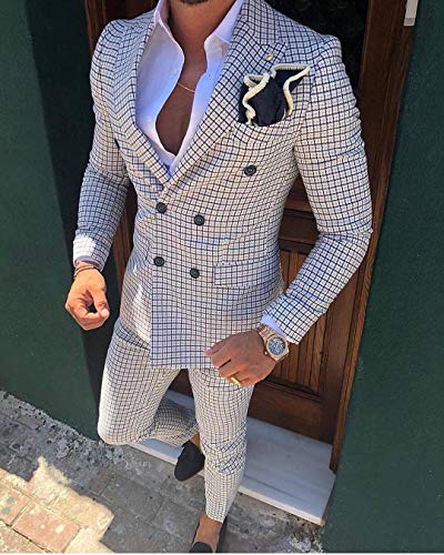 Mens Suit Plaid Double Breasted Flat 2 Piece for Wedding Suit (Blazer +Pants)2