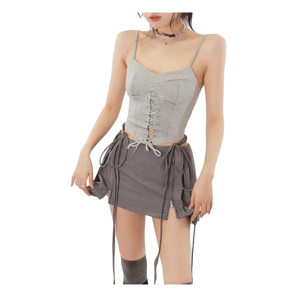 Jupe midi avec fermeture tie-up et zip ajustement parfait taille basse grise M