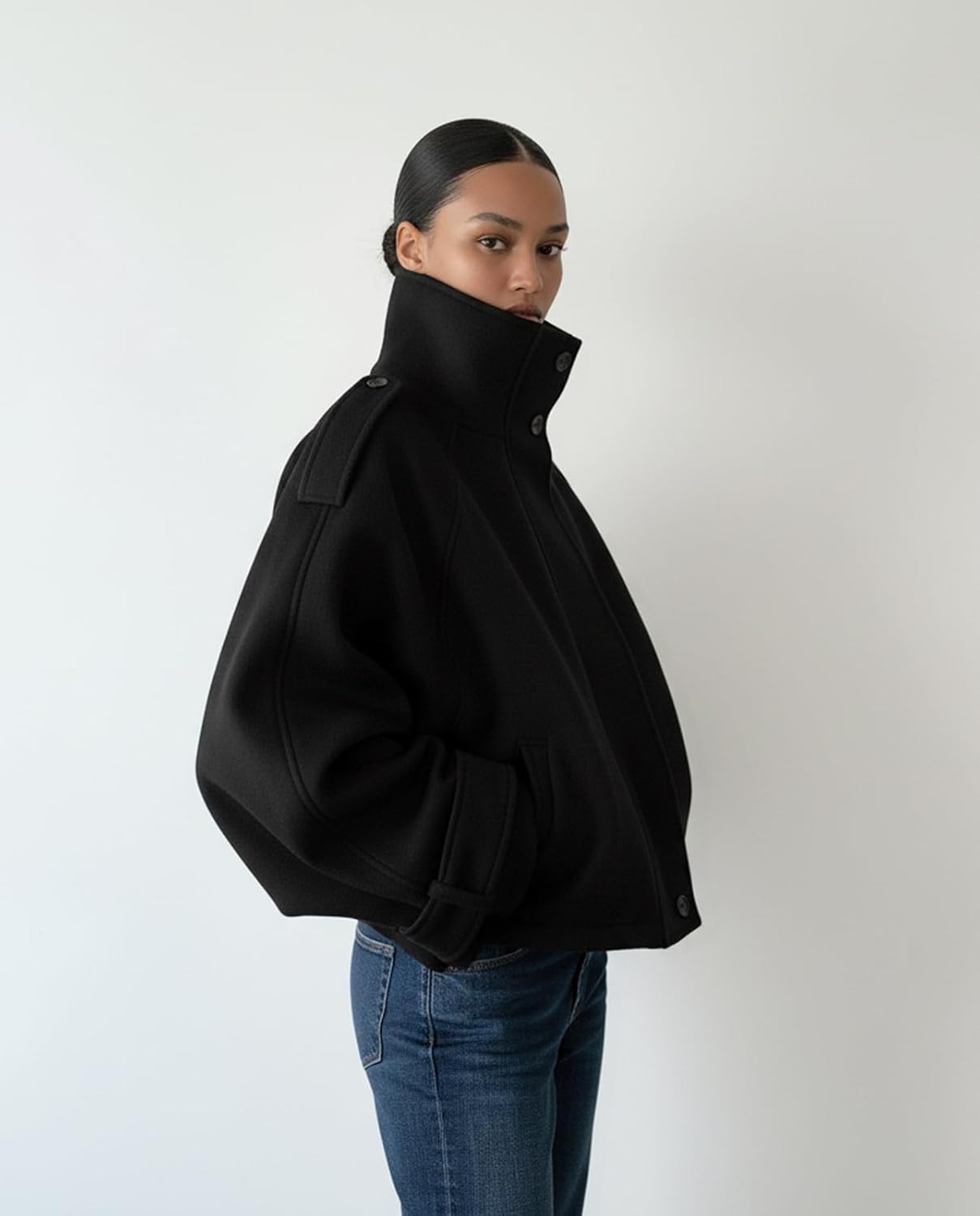 Women Cropped Trench Coat Zip Up Funnel Neck Short Jacket Oversized Wool Coats Fall Winter Casual Outfits 2025 - Image 7