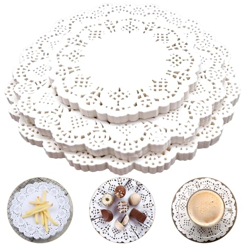 300 Piezas Tapetes de Encaje Papel Redondo,Blancos Artesanías Blondas de Encaje,Manteles de Papel Decorativo para Postres y Productos Horneados(4.5/6.5/7.5 Pulgadas)