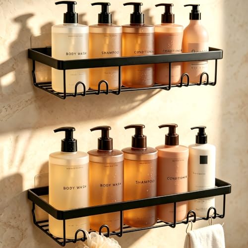 Moforoco Shower Caddy Shelf Organizer Rack Self Adhesive Black Bathroom Shelves Basket Home Farmhouse Wall Inside Organization and Storage Decor Rv Accessories First Camper Apartment Essentials