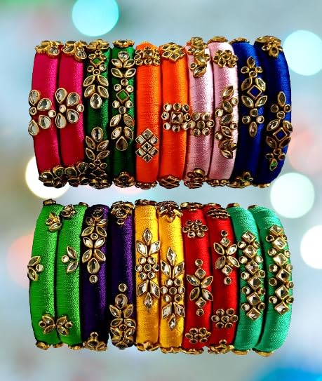 Image of Blue jays hub Silk Thread Bangles New kundan Style Multi color Set Of 20 for Women /Girls
