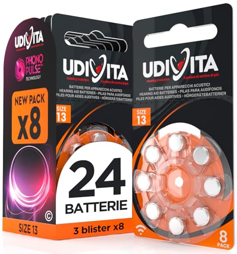 24 Pile Udivita per Apparecchi Acustici Misura 13 PR48 (Arancioni - Zinco Aria) con Phono Pulse Technology - 3 Blister da 8 Batterie