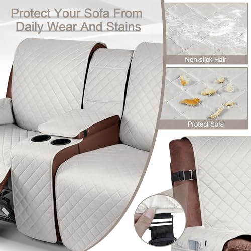 Image of KinCam 100% Waterproof Recliner Loveseat Cover with Console, Non-Slip Reclining Sofa Covers for 2 Seat, Furniture Protector with Elastic Straps for Kids, Pets, Beige