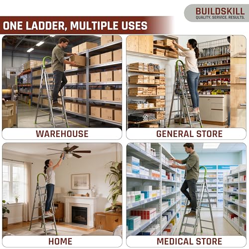 Image of BUILDSKILL Aluminium Ladder for Home 7 Steps | 36x16cm Wide Anti-Slip Aluminium Steps | Stainless Steel Body | Handrails | Load 150 Kg | Foldable Lightweight 8.15KG Ladder for Kitchen, Office & Home