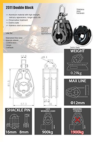 Blue Shark 2311-57 mm Fixed Double Aluminum Sailing Block - Max Line: 7/16” (12 mm), Safe Working Load (SWL): 1980 lbs (900kg), Breaking Load: 4180 lbs (1900 kg)