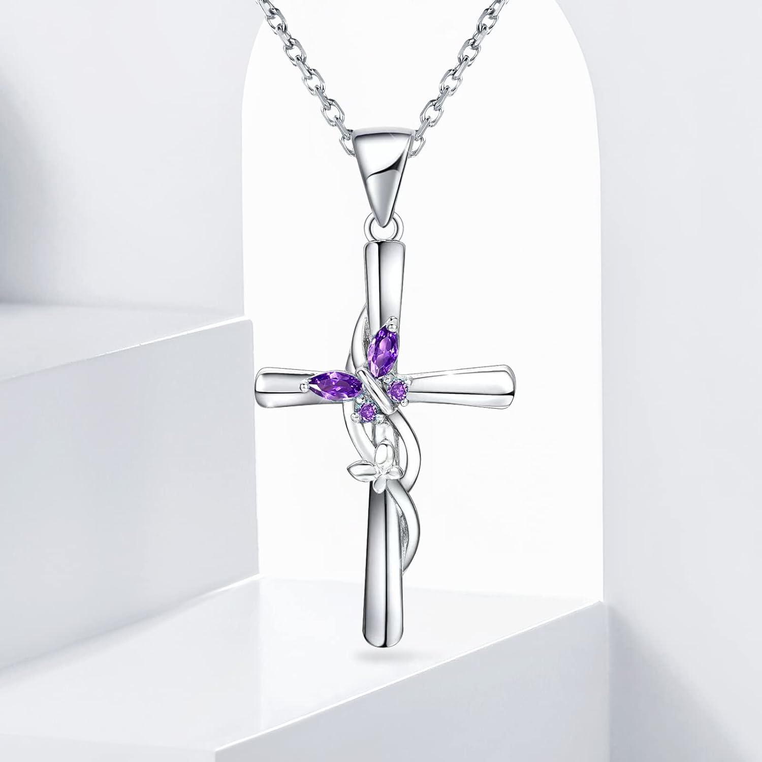 925 Sterling Silver Cross Necklace for Women, Butterfly Pendant Necklace Jewelry, Sunflower Cross Necklace for Mom Wife on Mother's Day Birthday Anniversary with Box Jewelry - Image 4